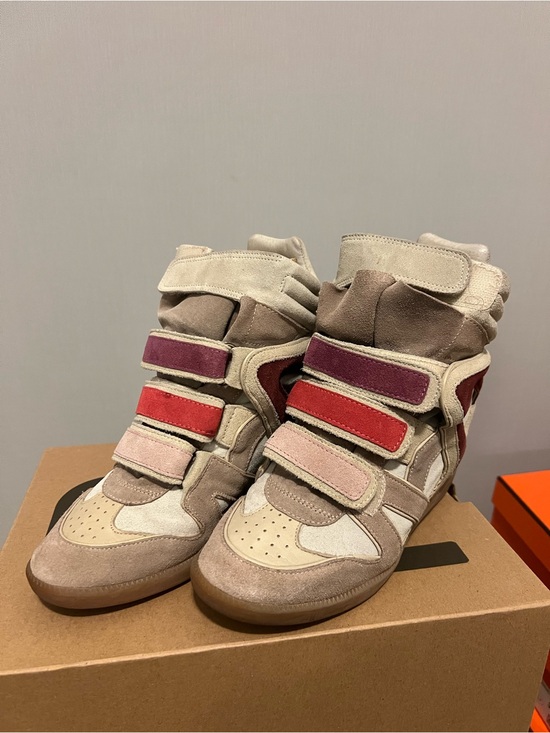 Isabel Marant Shoes - Isabel Marant Beige Suede Wedge Sneakers with Pink, Red & Burgundy Straps